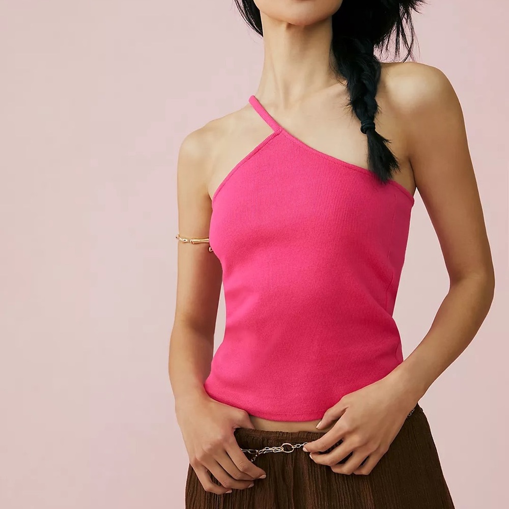 NWT Small Anthropologie Magenta Pink Asymmetrical Ribbed Tank 1 Shoulder Barbie